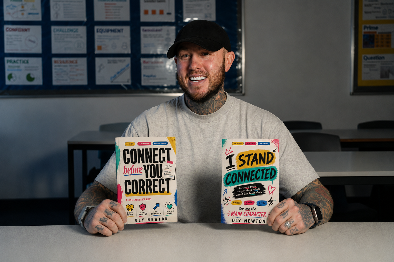 Oly Newton holding both of his books at his launch event