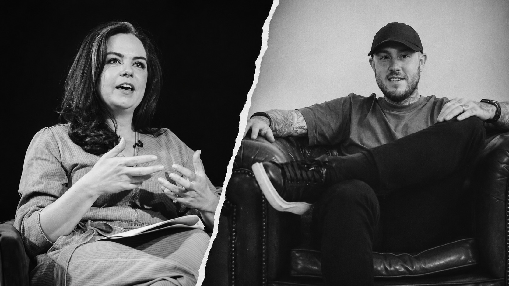 Split black and white photo: an interviewer seated in an armchair on the left, Oly Newton seated in an armchair on the right