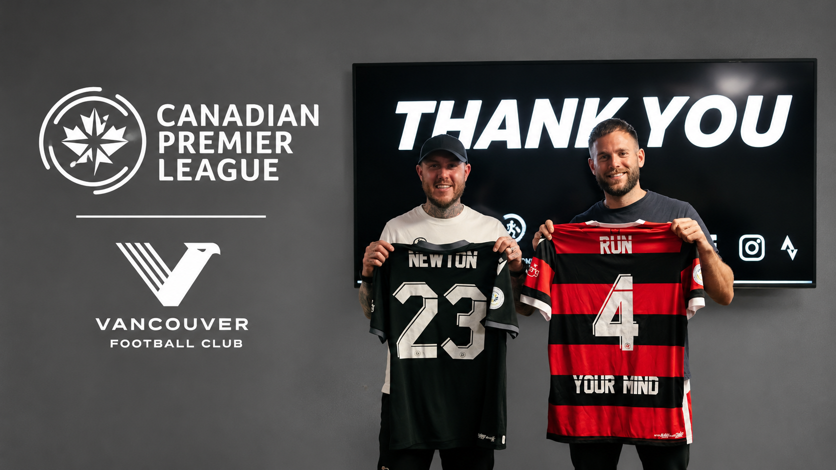 Oly Newton and a Canadian Premier League host holding up a Newton 23 shirt and a Run4YourMind shirt at Vancouver Football Club